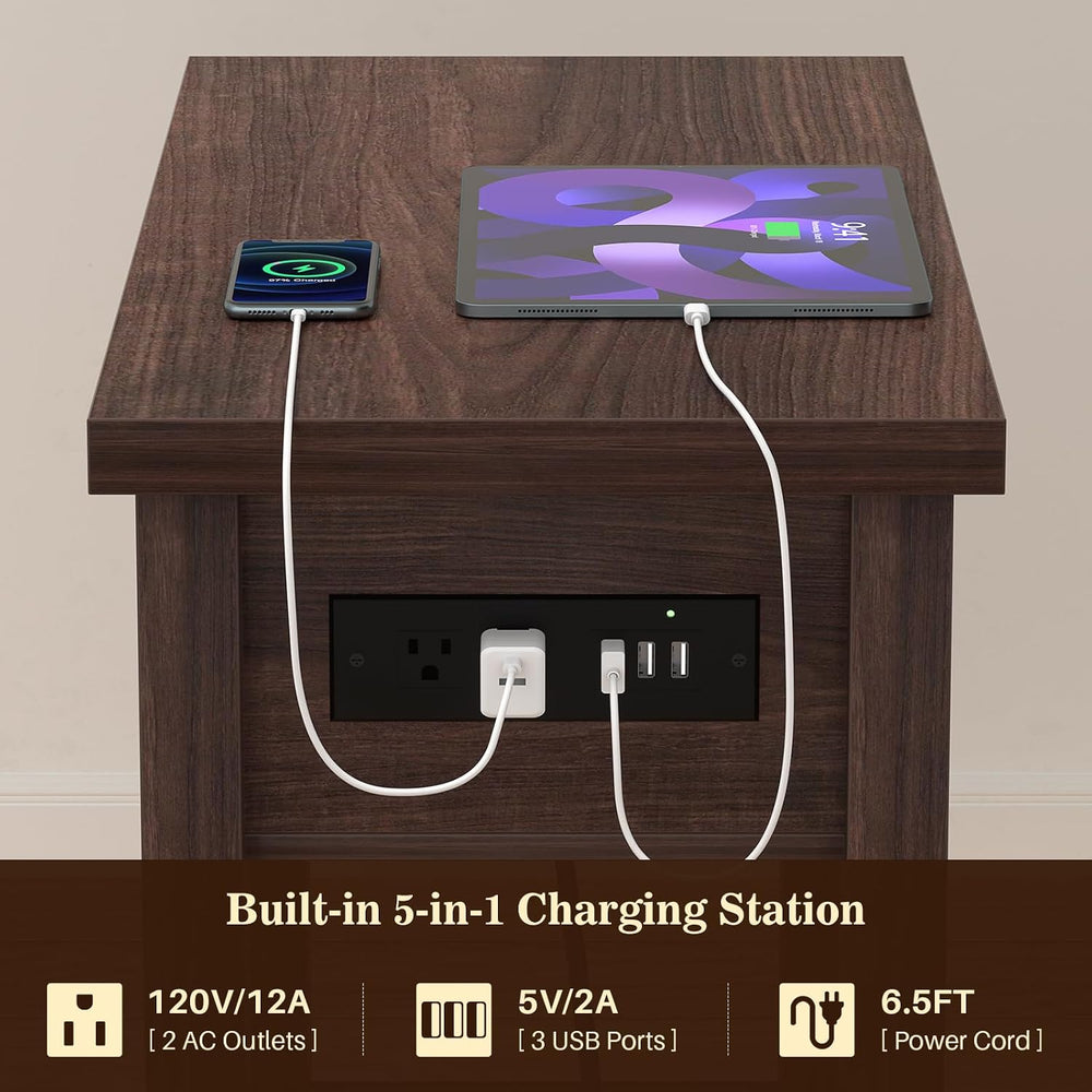 Farmhouse Narrow End Table Set of 2 with Charging Station, 13.8" Wide
