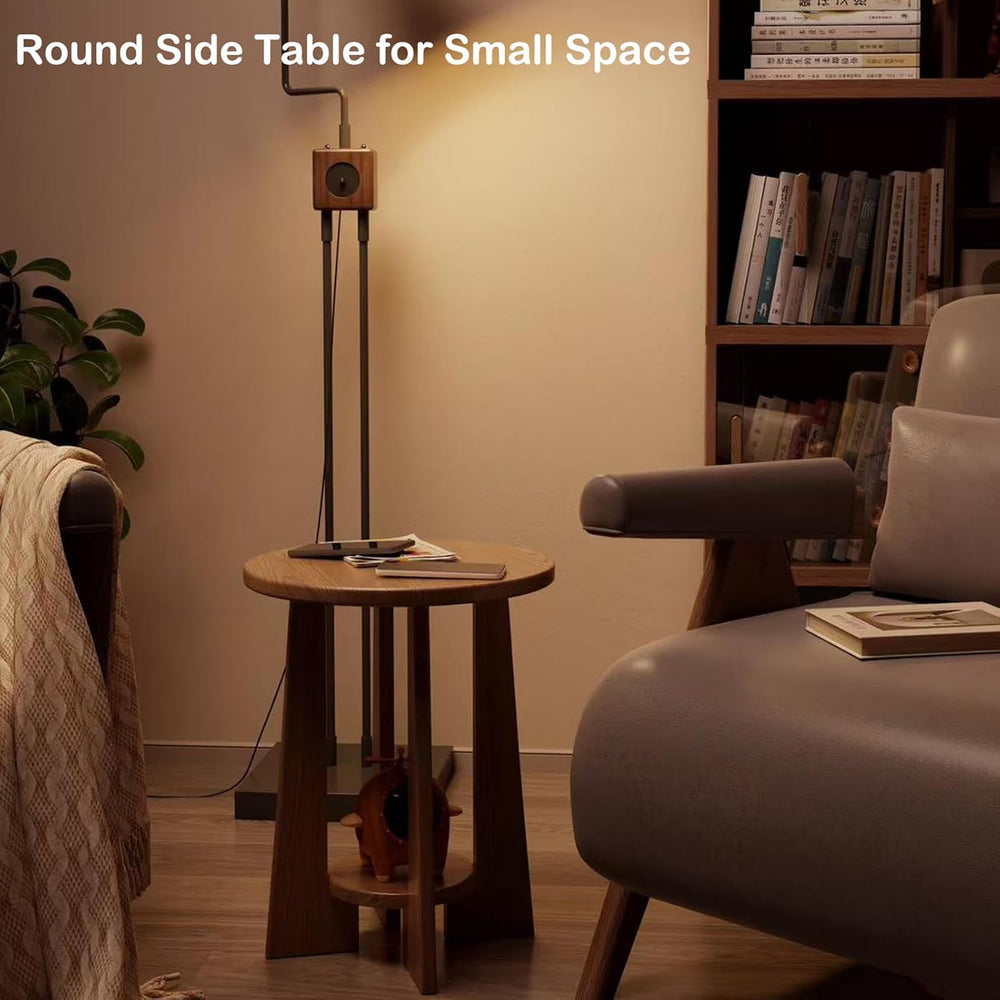 YUNMUAIR-Round Wood End Table with 2-Tier Storage,15.75" Dia Small Accen...