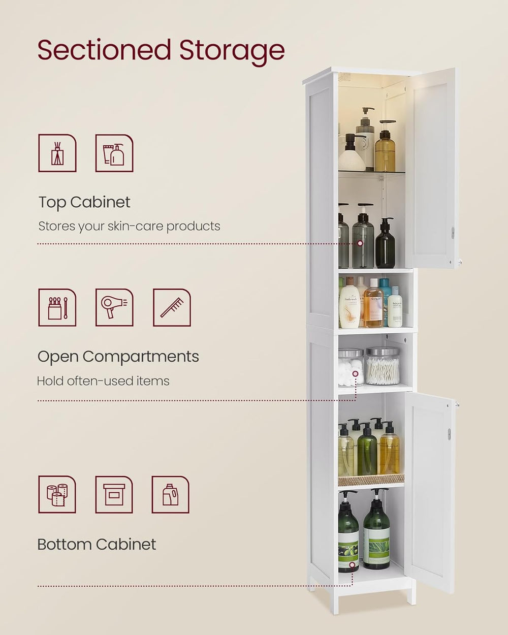 VASAGLE Tall Storage Cabinet with Lights, Slim Freestanding Cabinet with Adju...