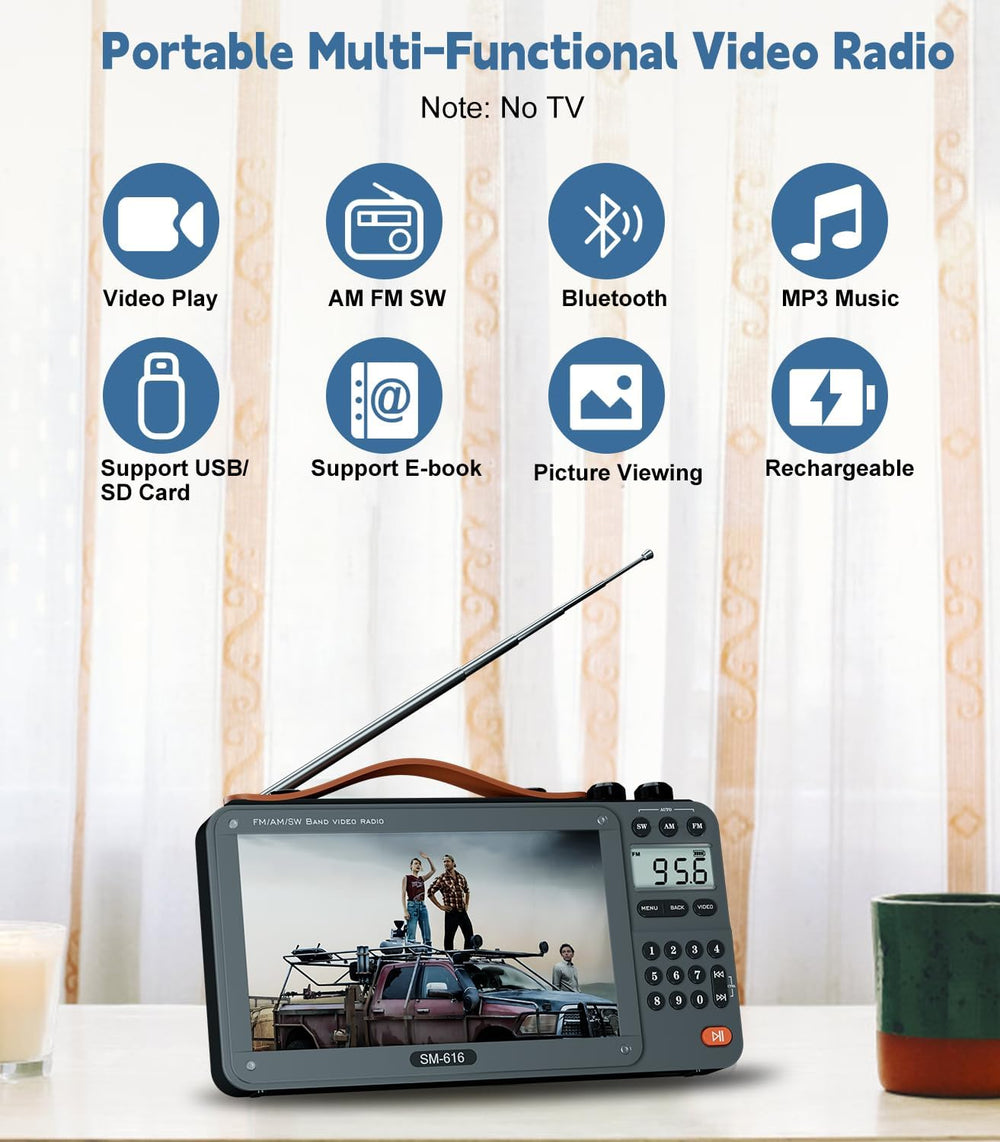 720P 7Inch Screen AM FM Movie Video Radio with Bluetooth Speaker, Rechargeabl...