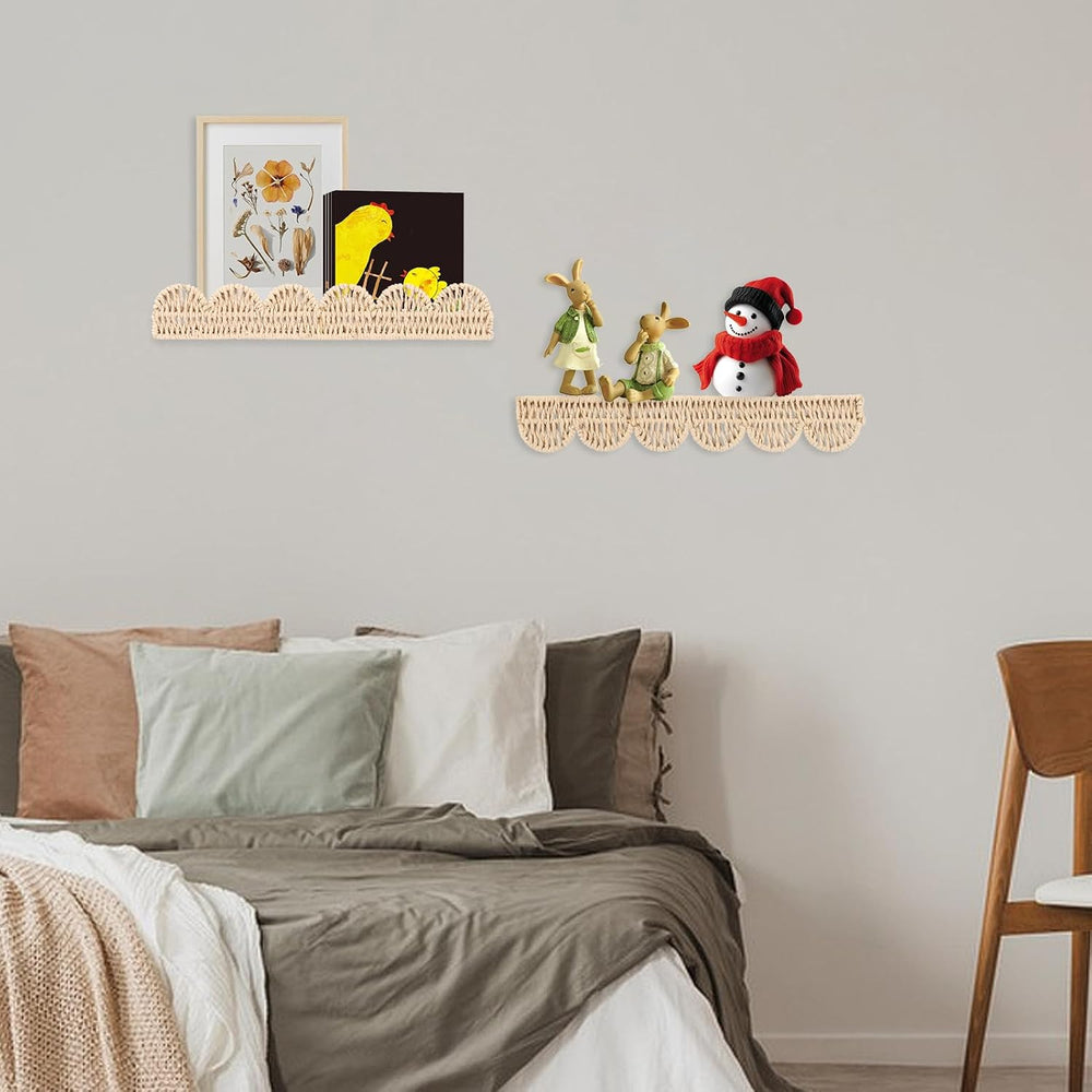 4 Pcs Scalloped Floating Shelves, Artisanal Natural Rattan Scalloped Book She...