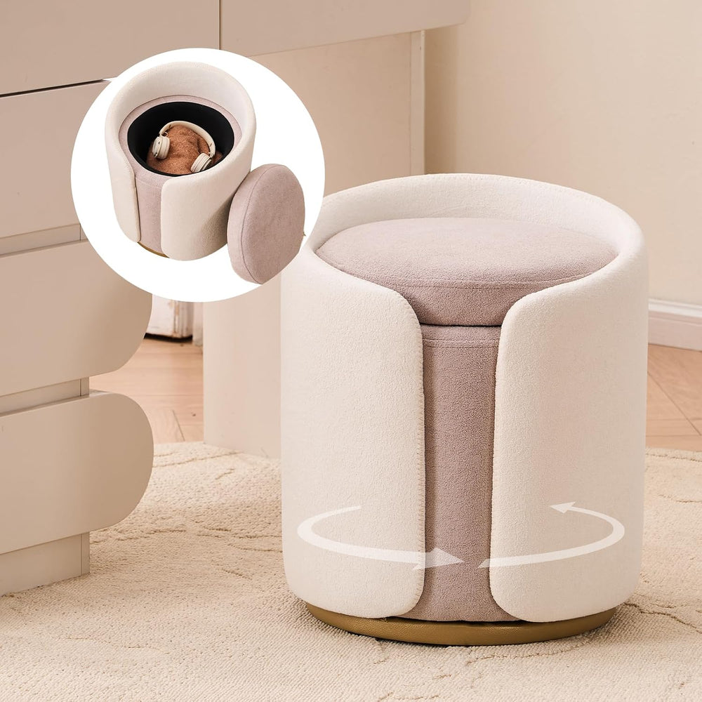 Vanity Chair with Storage, Round Boucle Vanity Stool No Wheels, Swivel Ottoma...