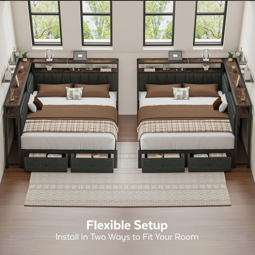 Queen Corner Bed Frame with Storage Drawers, Modern Daybed with LED Lights an...