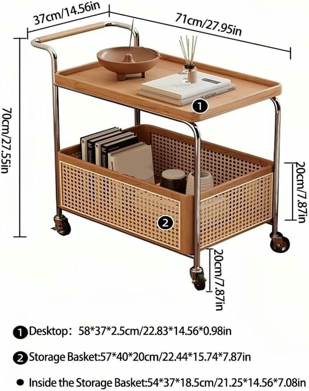 Rattan Side Table with Wheels Rolling 2-Layer Coffee Table Storage End Table ...
