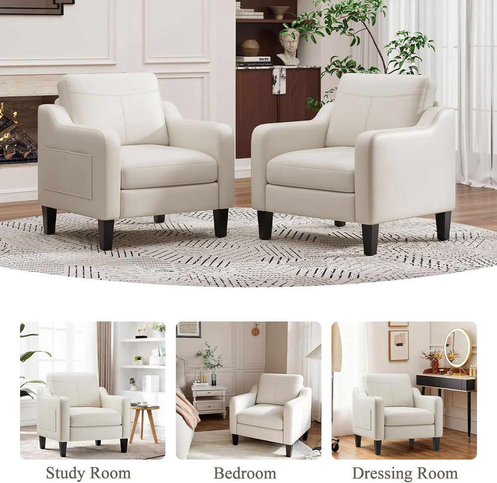 MALOL PU Leather Accent Chair Set of 2 with Solid Wood Frame, Beige