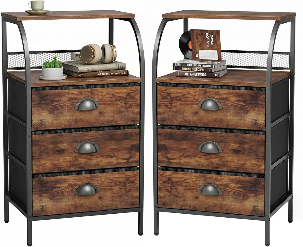 Night Stand Set 2, Tall Nightstand with 3 Fabric Drawers, Bedside Table with ...