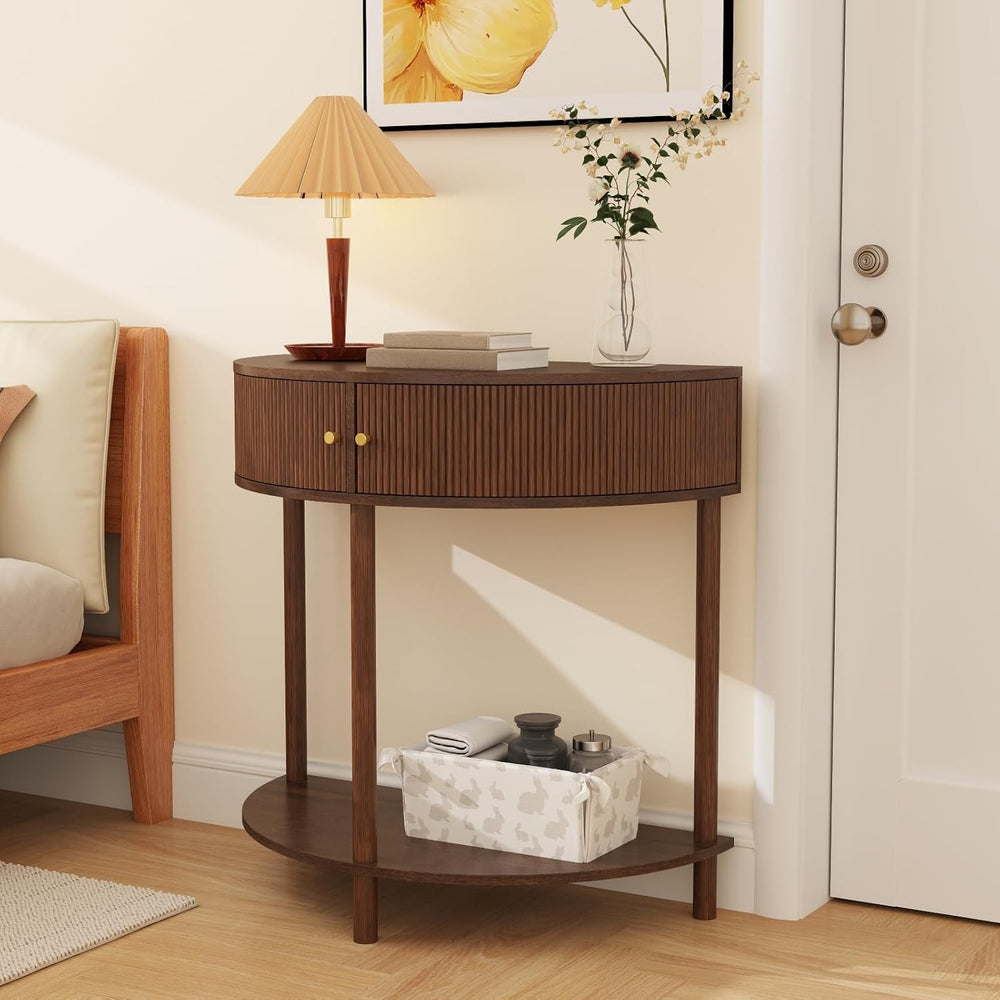 Entryway Table, Artisan-Crafted Half Moon Fluted Console Tables with 2 Rattan...