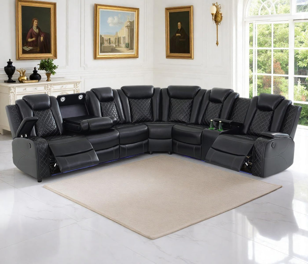 Power Recliner Sectional Sofa Set,Living Room Furniture Sets,Black Leather Se...