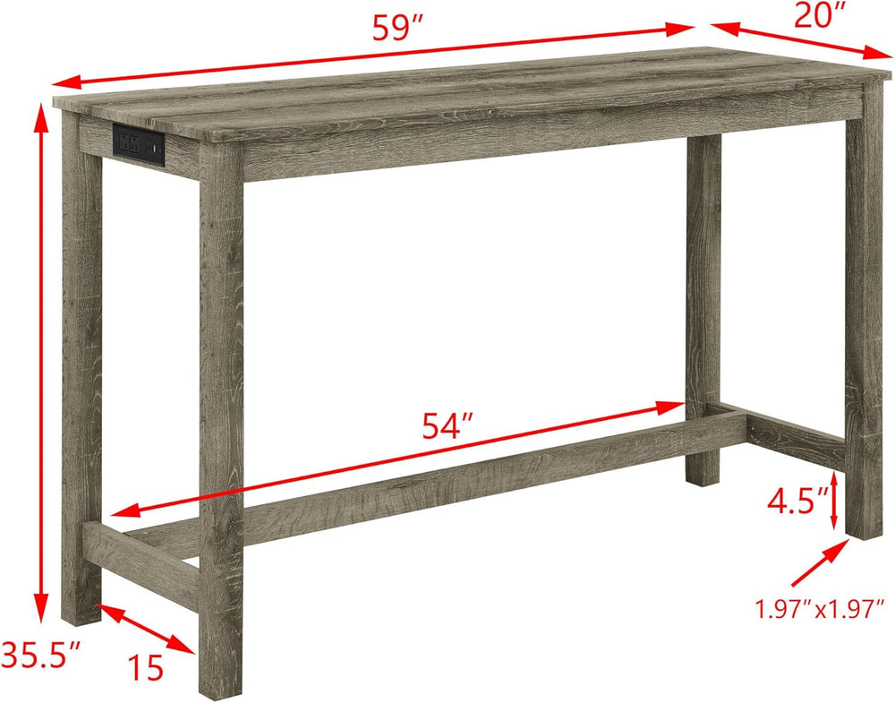 KEIKI 4-Piece Bar Table Set with Charging Station - 59" Industrial Kitch...