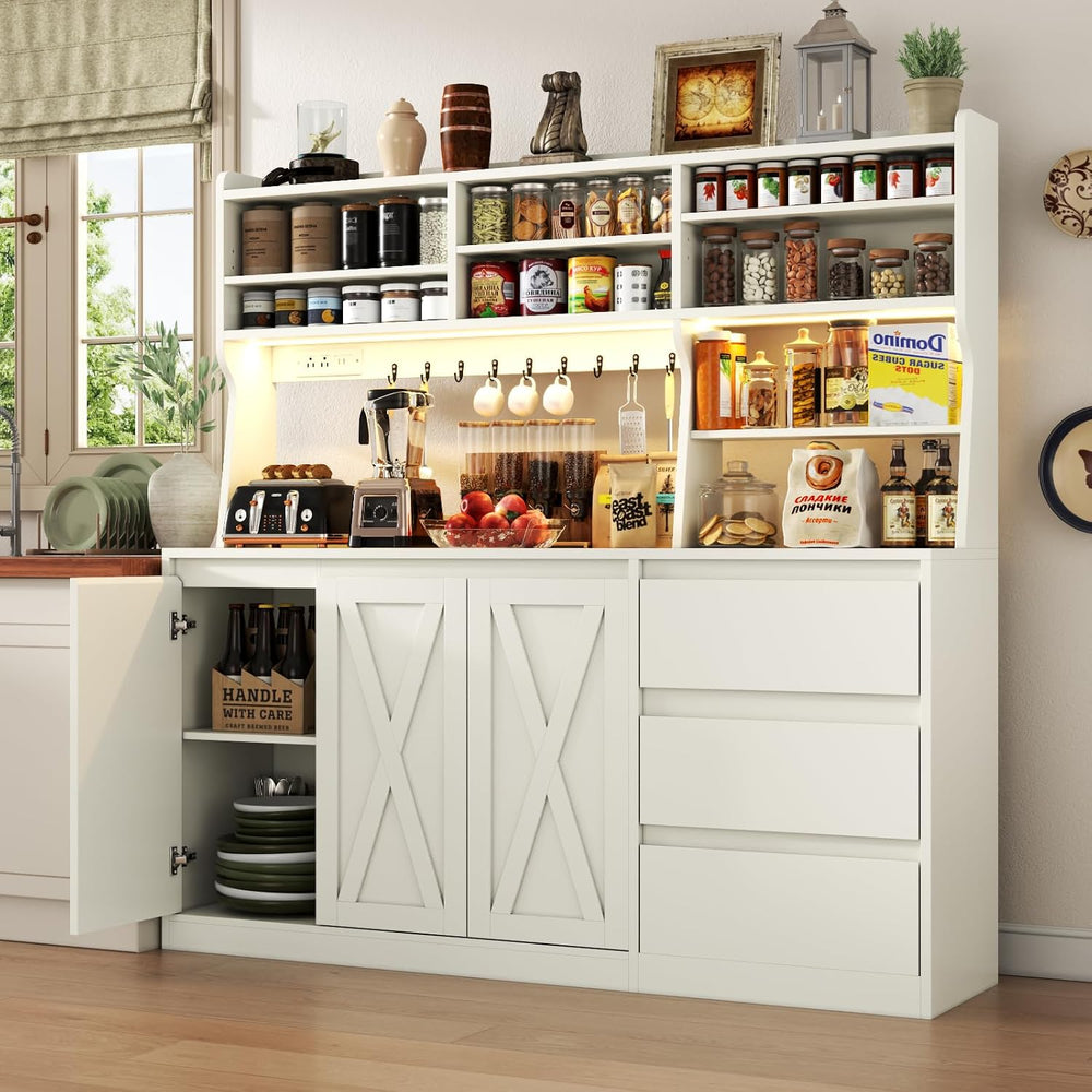 Gyfimoie Farmhouse Kitchen Pantry Cabinet with Power Outlet & LED Light, ...