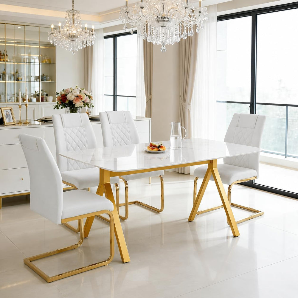 51.2 Inch Faux Marble Dining Table,Rectangular Glass Dining Table for 4-6,Whi...