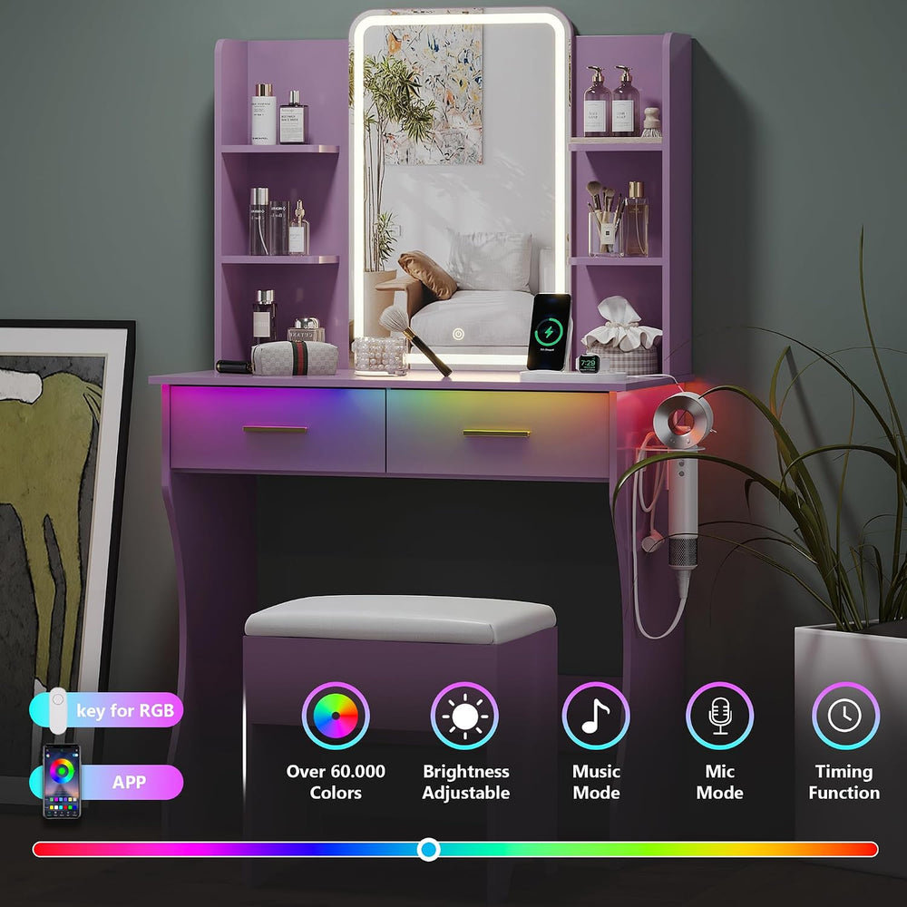 Small Vanity Desk with Mirror and Lights, Makeup Vanity with LED Lights, Purp...