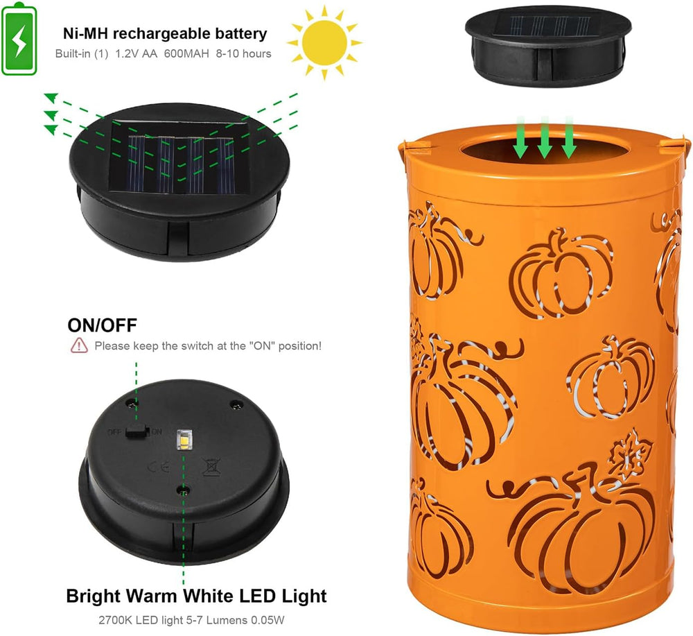 Glitzhome 10.75" H Fall Metal Pumpkin Lantern Decor Solar Powered LED La...
