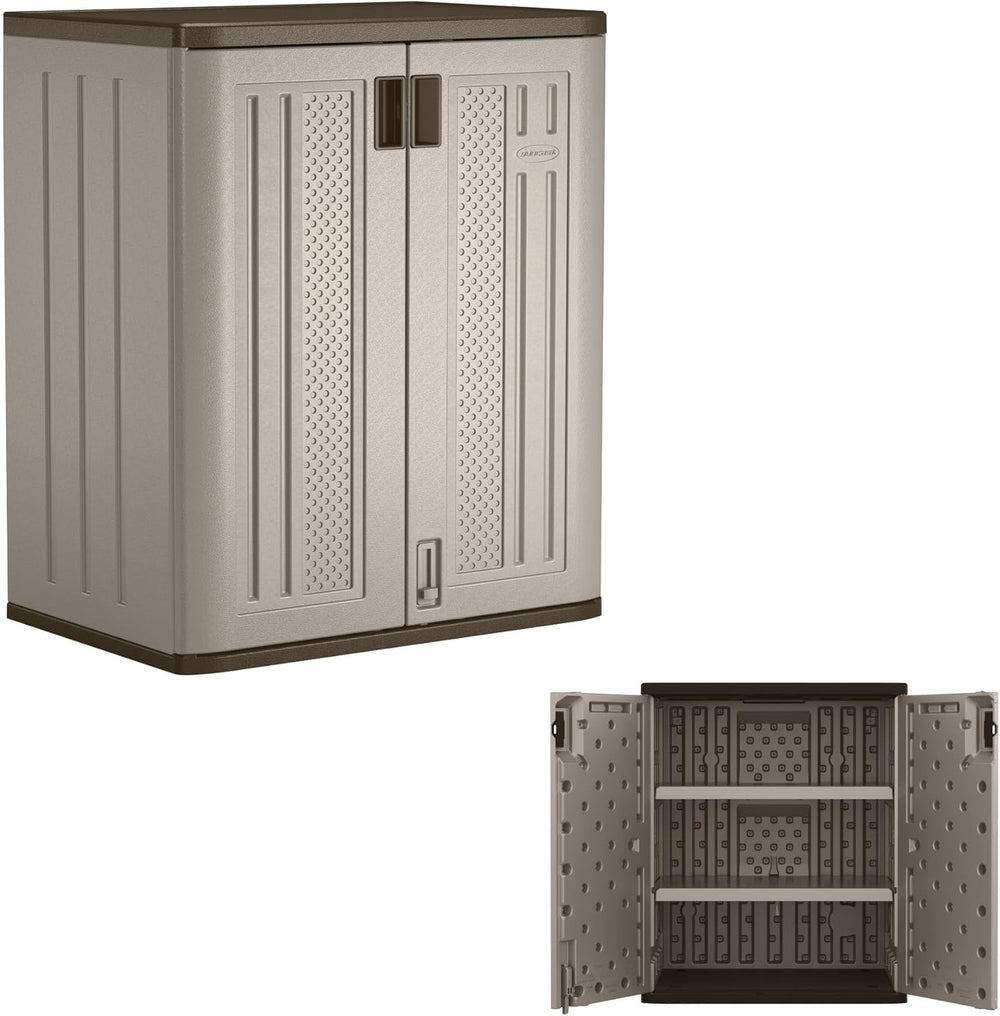 Suncast 9 Cu Ft Base Storage Cabinet, Lockable 2-Shelf Organizer, Platinum