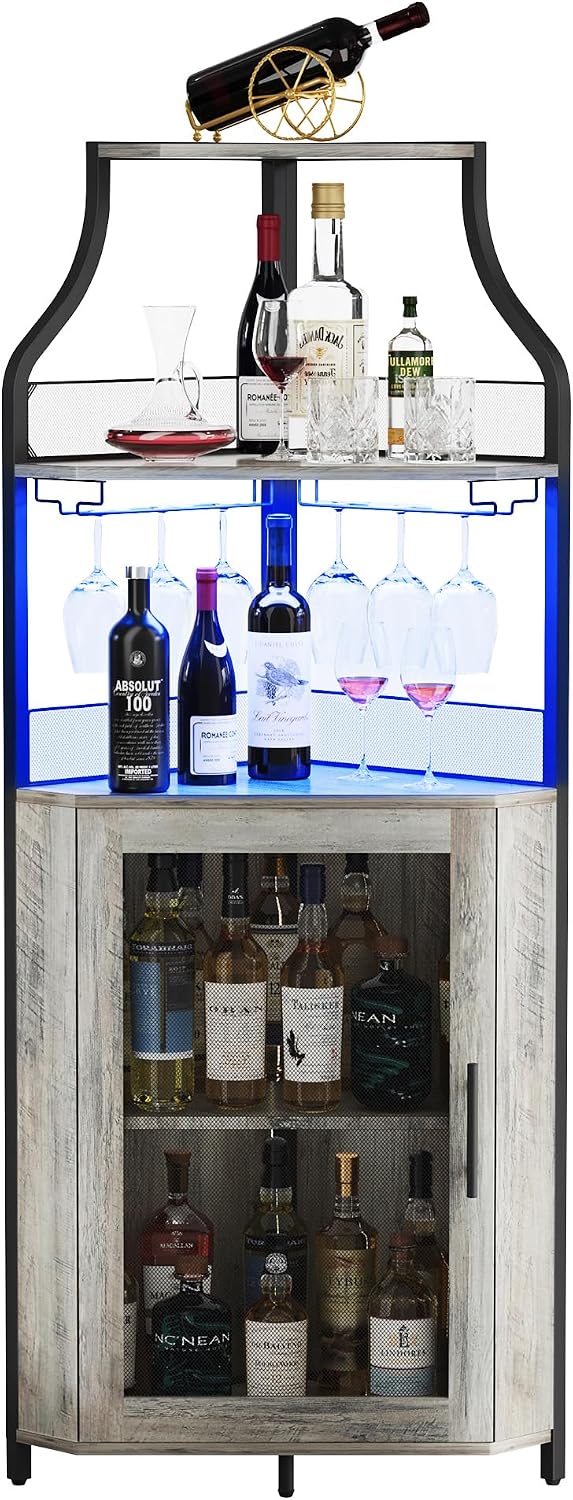 GAOMON Corner Bar Cabinet with LED Strip and Glass Holder, Industrial Wine Ca...