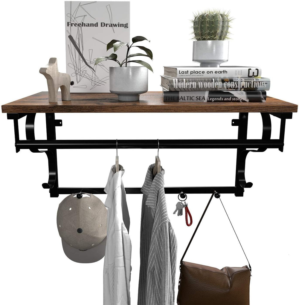 VASAGLE Coat Rack Wall Mount, Wall Hooks with Shelf, Hanging Rail, 5 Hooks