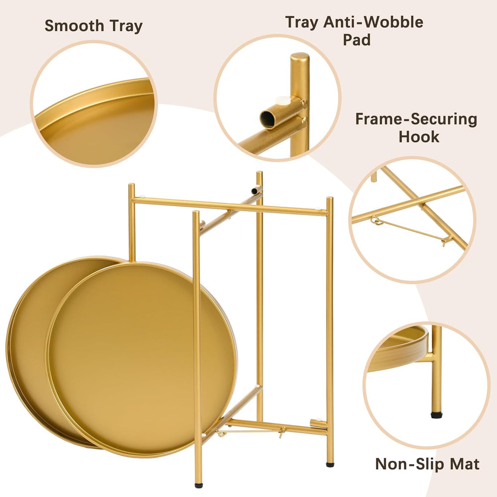 2-Tier Round End Side Table, Small Metal Side Table with Removable Tray, Fold...