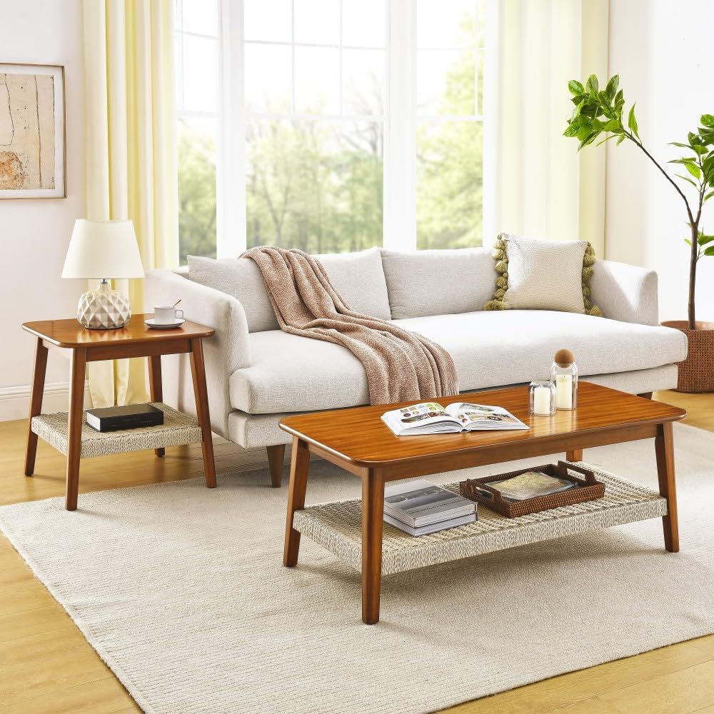 23" Mid-Century Side Table with Woven Shelf and Storage, for Living Room...
