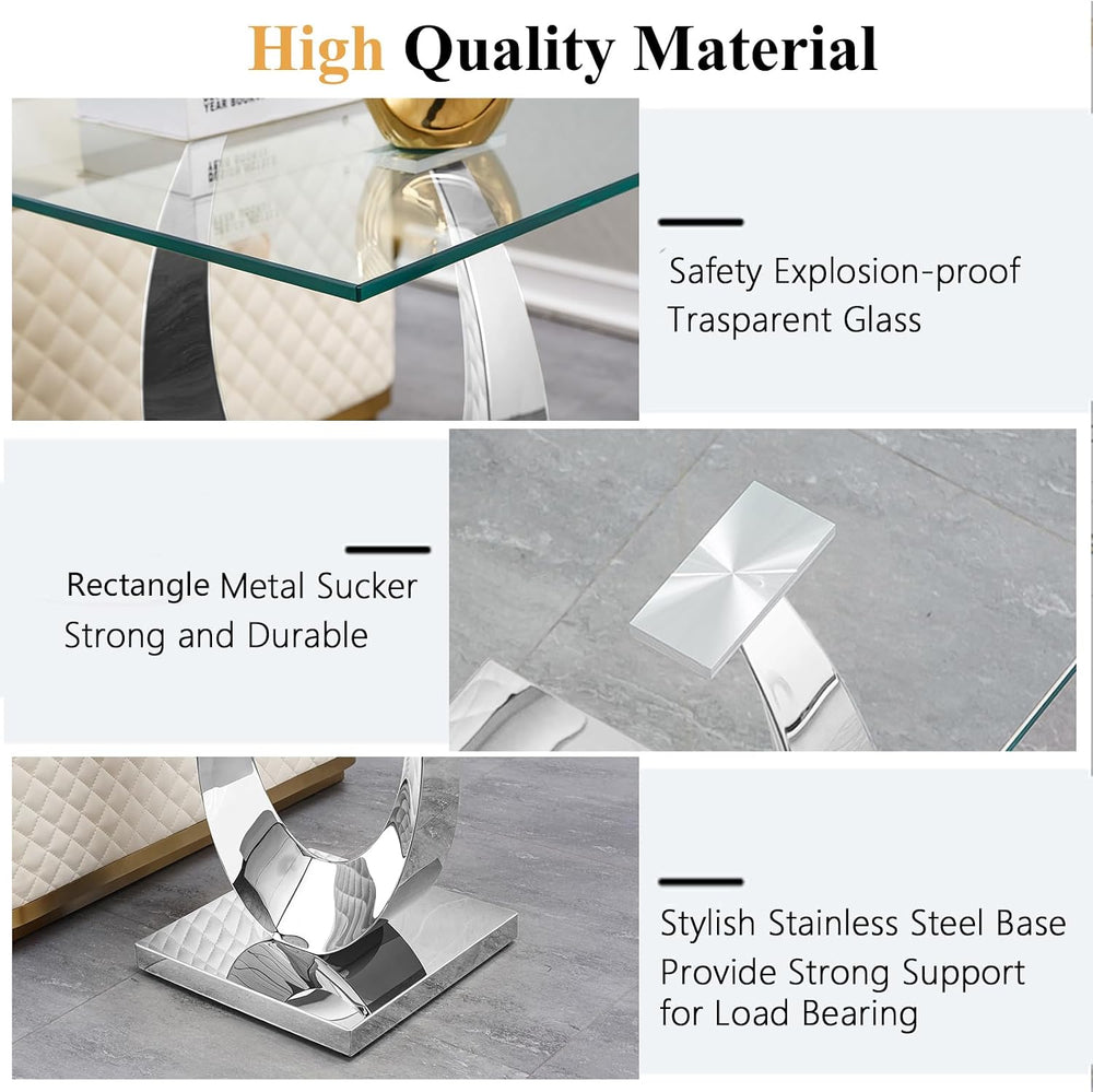Modern Square End Table for Living Room, Tempered Glass Top & Moon Shape ...