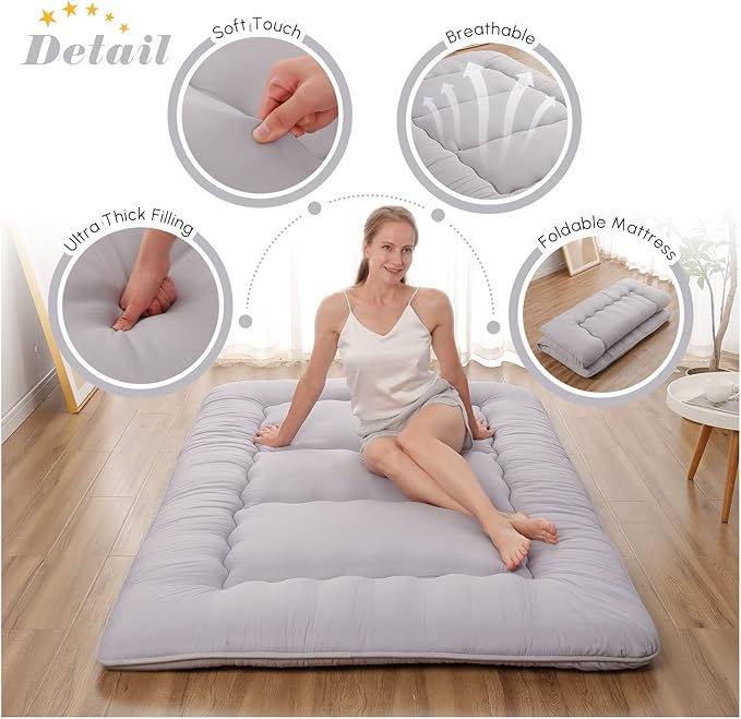Japanese Floor Mattress, Futon Mattress with Portable Storage Bag and Washabl...