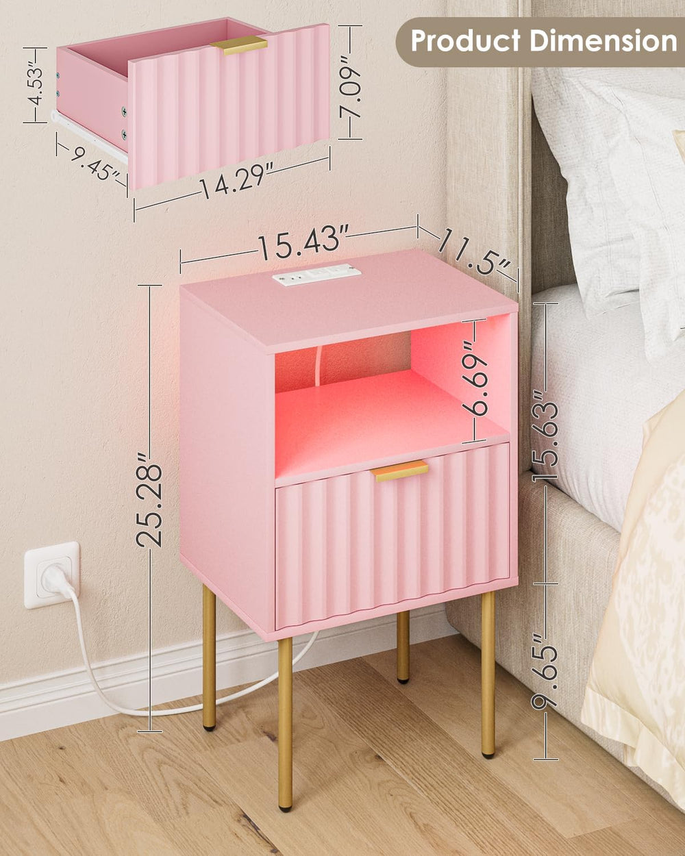 Nightstand with Charging Station and LED Lights, Modern Pink Bedside Table wi...