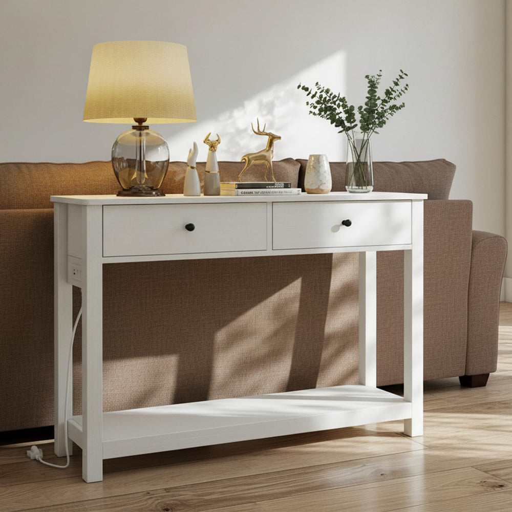Gizoon Console Table with Outlets, White | Modern Sofa Table with 2 Drawers, ...