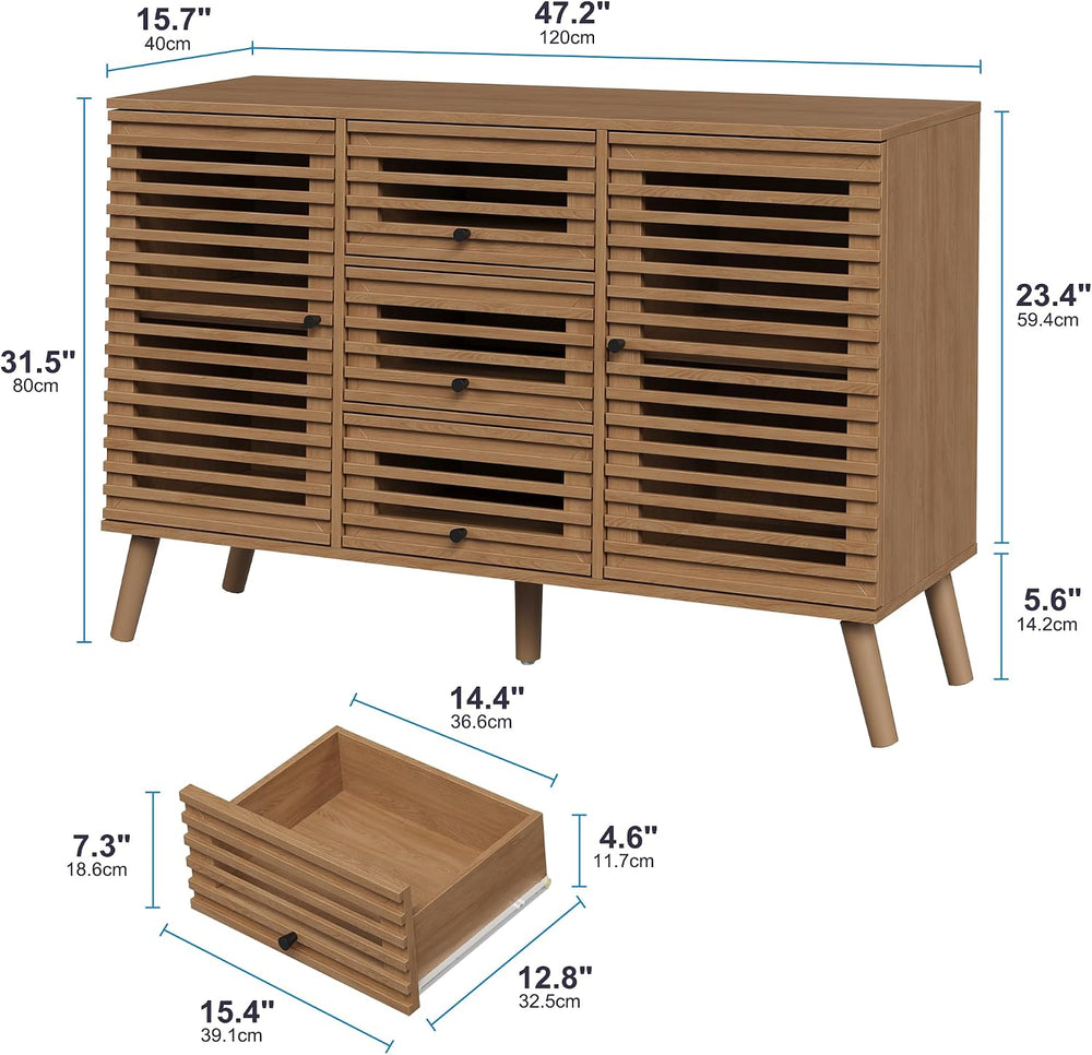 Furnify Buffet Cabinet with Slatted Doors, 47" W Sideboard Buffet with D...