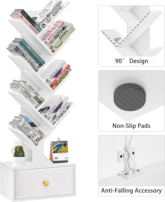 8 Tier Tree Bookshelf with Drawer, Free Standing Wood Bookcase for Living Roo...