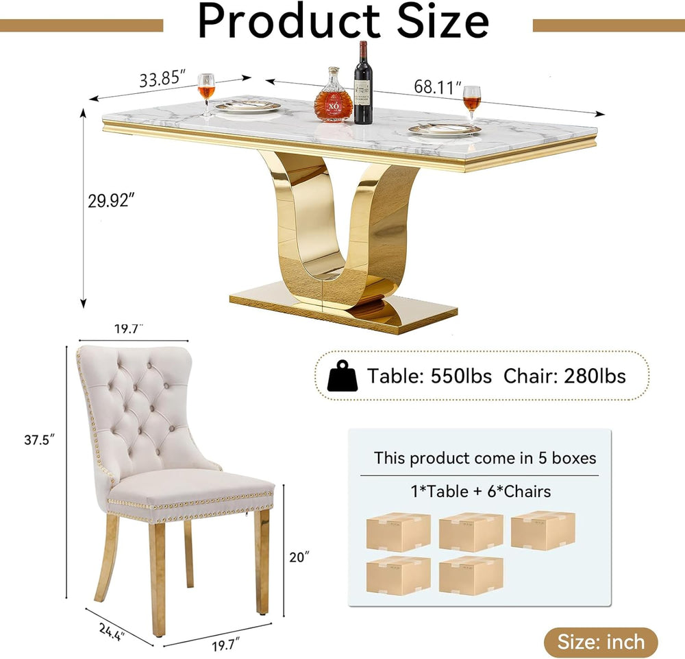 7-Piece Dining Table Set with 6 Beige Upholstered Chairs, 68" White Gold...