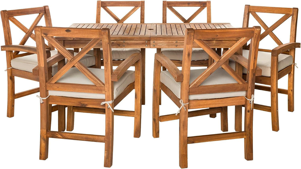 Walker Edison Delray Classic 7 Piece Acacia Wood Outdoor Dining Set with X Ba...