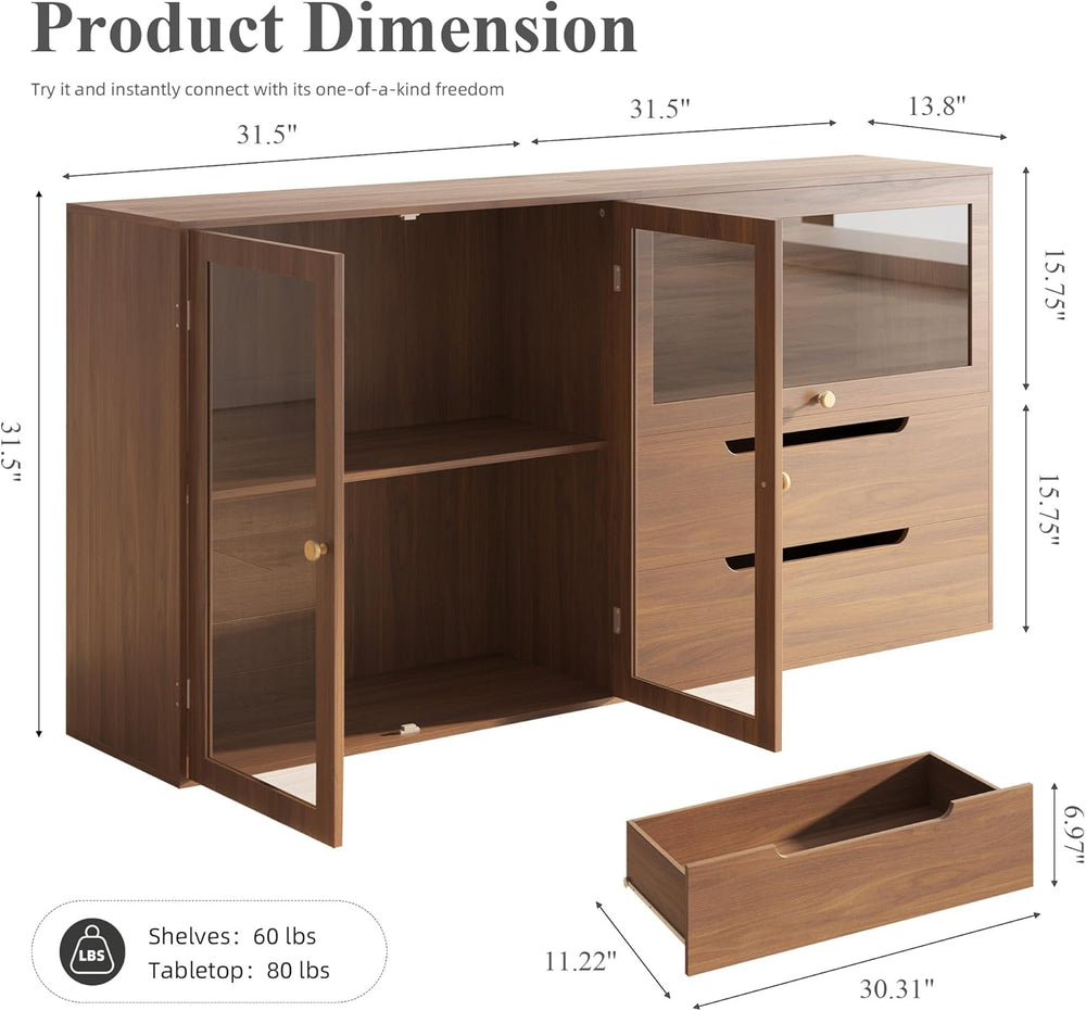 DIY Storage Cabinet 63'' Walnut - Glass Doors & Drawers Sideboard...