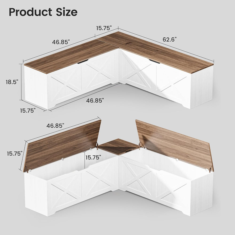 L Shaped Storage Bench, 63" Corner Bench with Storage, Breakfast Nook Be...