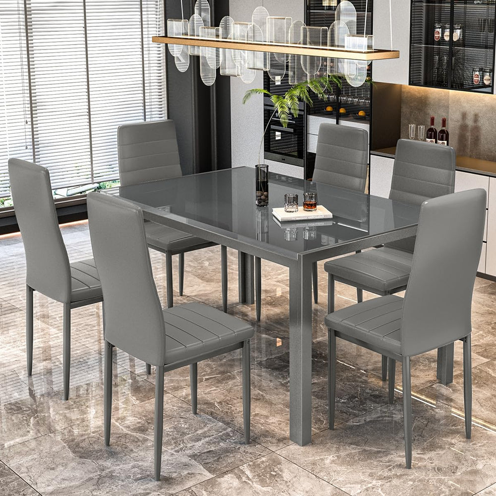 DKLGG Glass Dining Table Set for 6, Modern Kitchen Table with 6 PU Leather Ch...