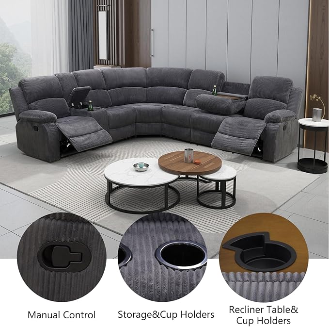 Manual Recliner Sectional Sofa Set, Corduroy L-Shaped Living Room Furniture S...