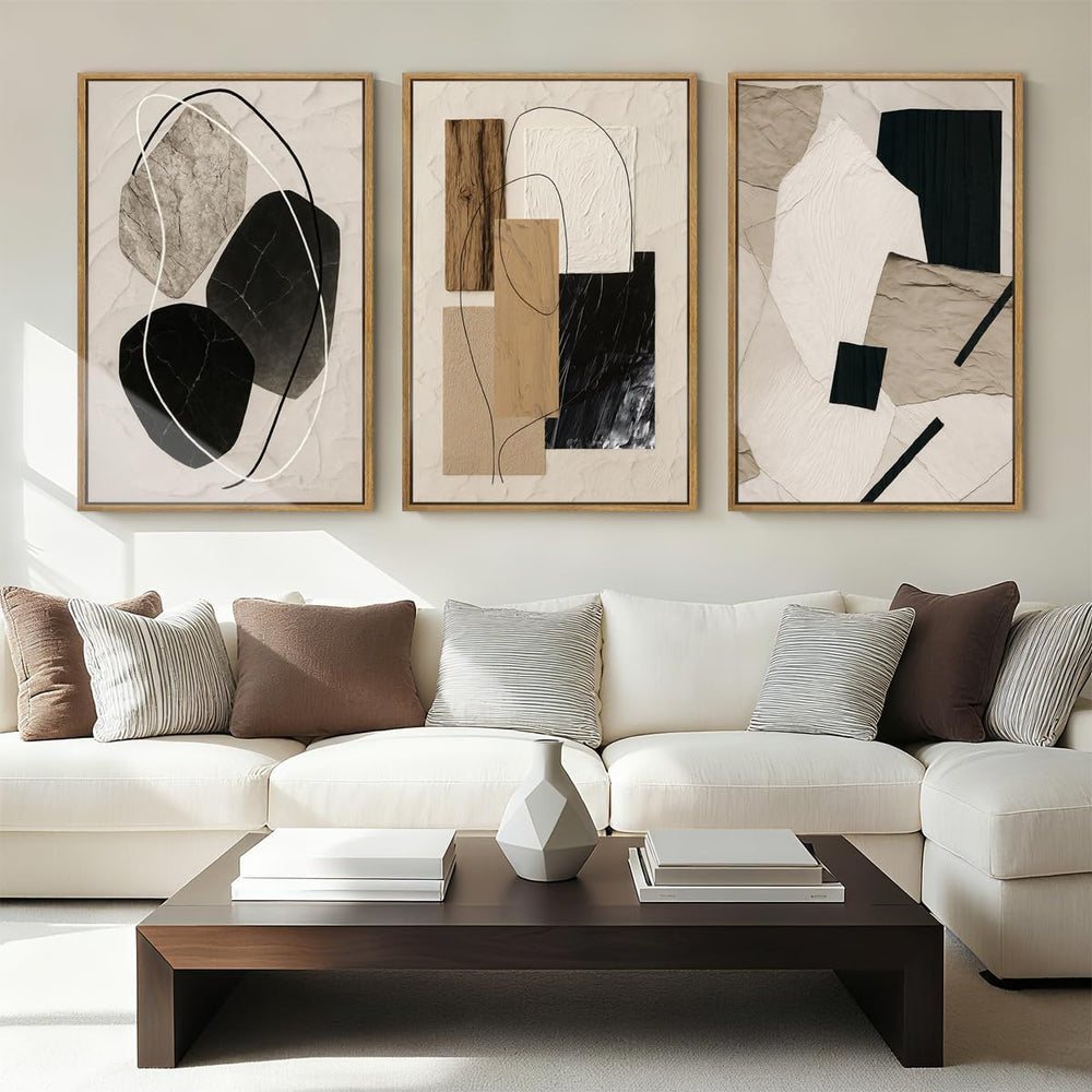 Large Abstract Paintings Framed Neutral Canvas Prints Mid Century Modern Wall...
