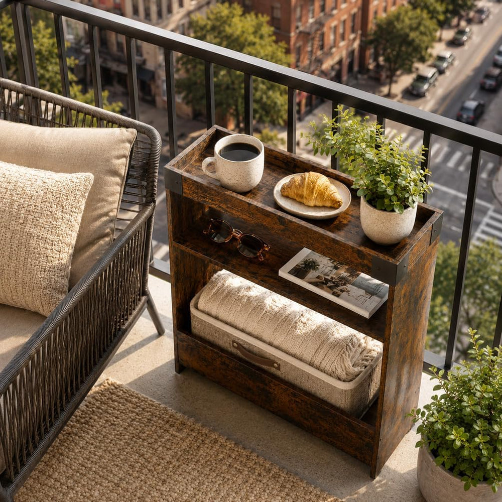 Farmhouse Narrow Side Table with Tray Top & Magazine Rack, Sofa Couch Sid...