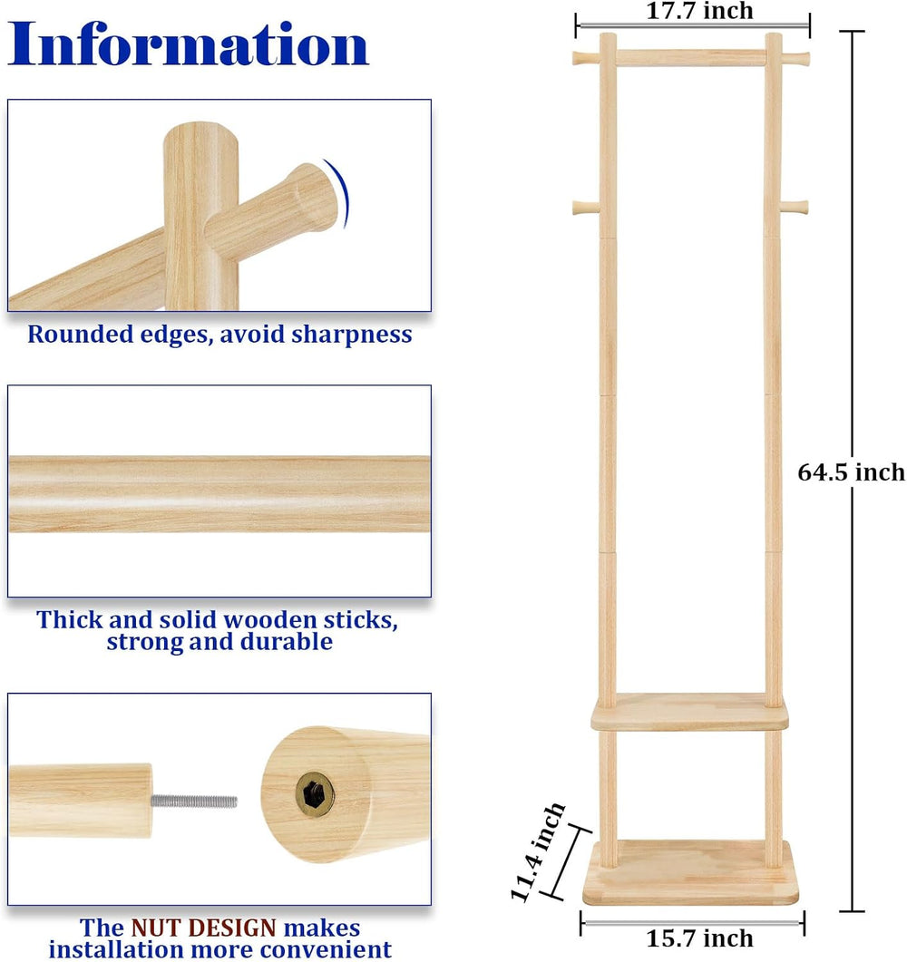 Wooden Coat Rack Freestanding,Hall Tree with Sturdy Base,Clothing Rack for Ha...