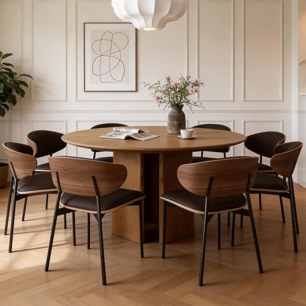 59" Round Wood Dining Table – Mid-Century Modern Kitchen Table with Pede...