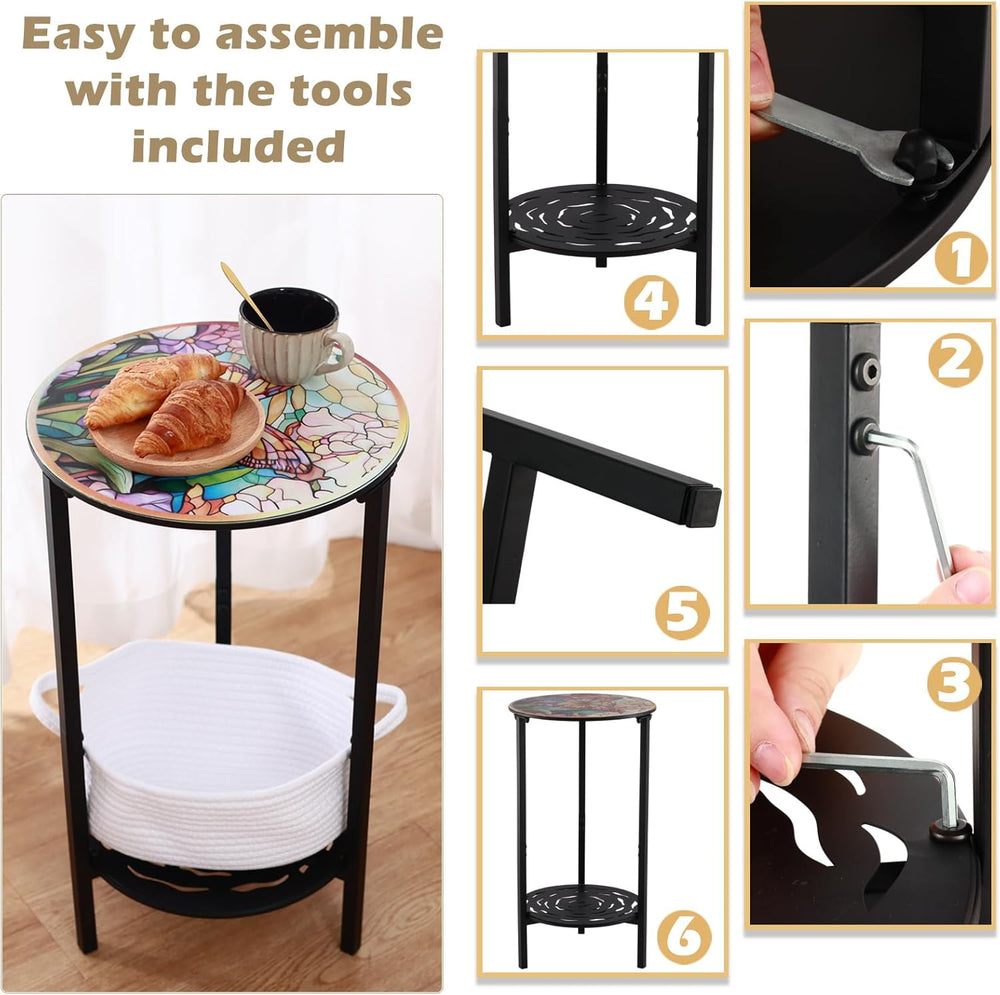 2-Tier Metal Round Side Table Black Accent Coffee Tables Small Space Corner P...