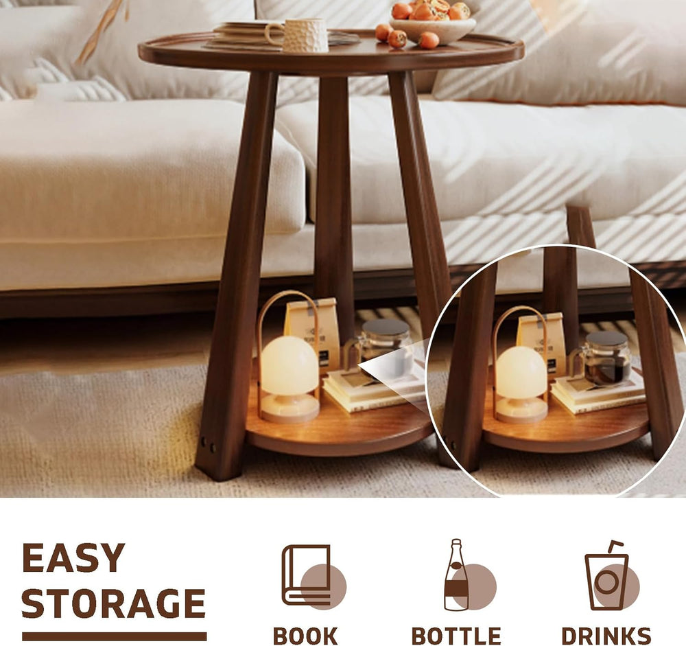 100% Solid Wood Round End Table, 2-Tier Side Table with Anti-Drop Tray Top, S...
