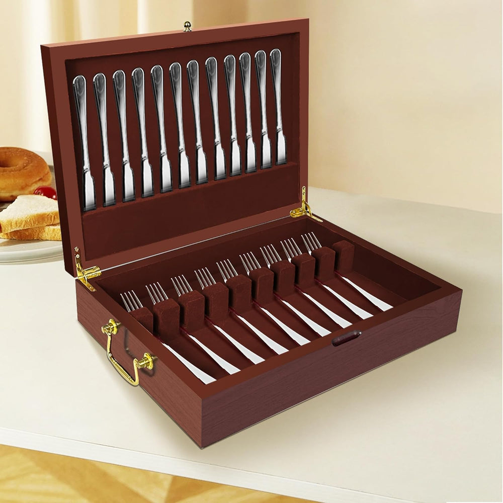 Silverware Storage Box Solid Wood with Lid, Silverware Organizer with Handle ...