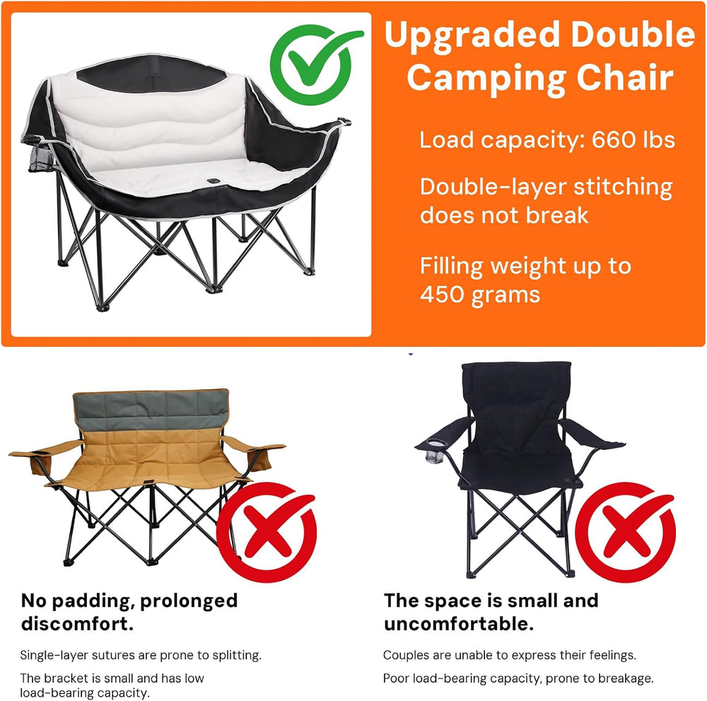 Double Camping Chair 2 Person Oversized Heavy Duty Padded Outdoor Folding Lov...