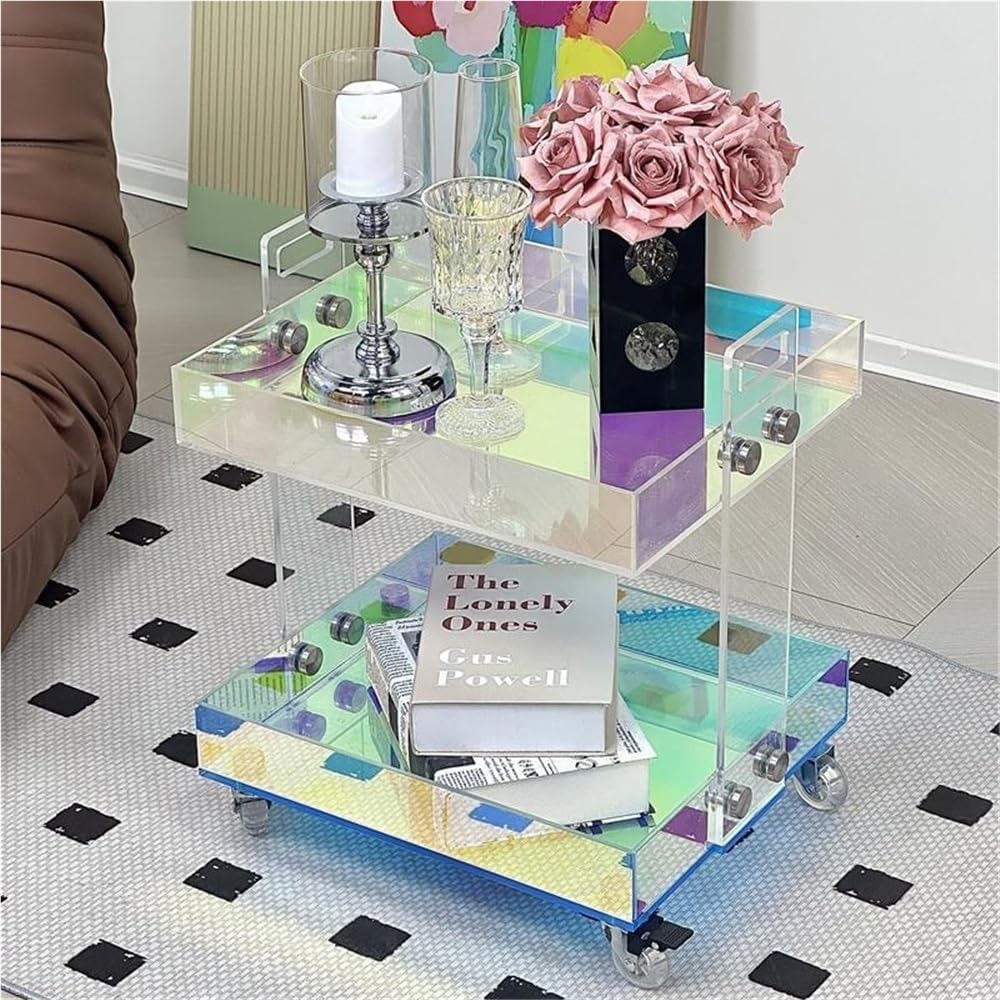 Acrylic End Table with Wheels, 2/3 Tiers Acrylic Bar Cart, Rolling Utility Ca...