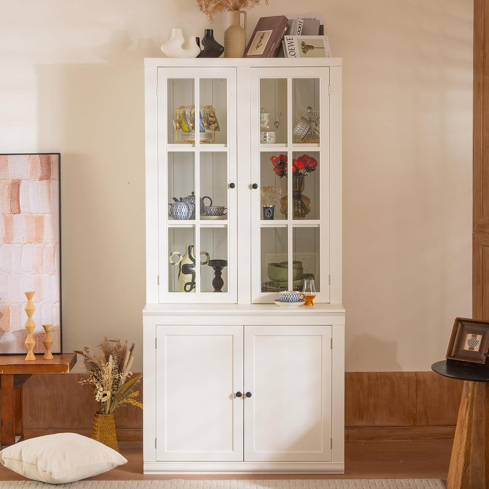 Virubi 75'' Tall China Hutch Cabinet with Glass Doors, Kitchen Pantry...