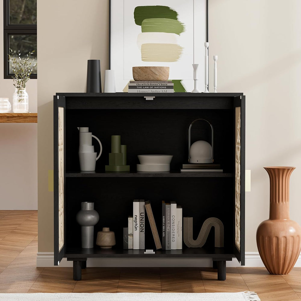 Decorative Storage Cabinet Sideboard with Hollow Carved Panels, 2 Doors, Natu...