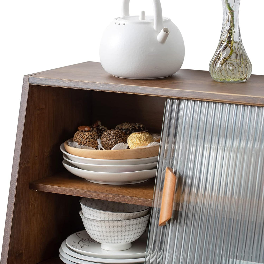 HollyHOME Countertop Pantry Cabinet, Bamboo Sideboard with Glass Doors