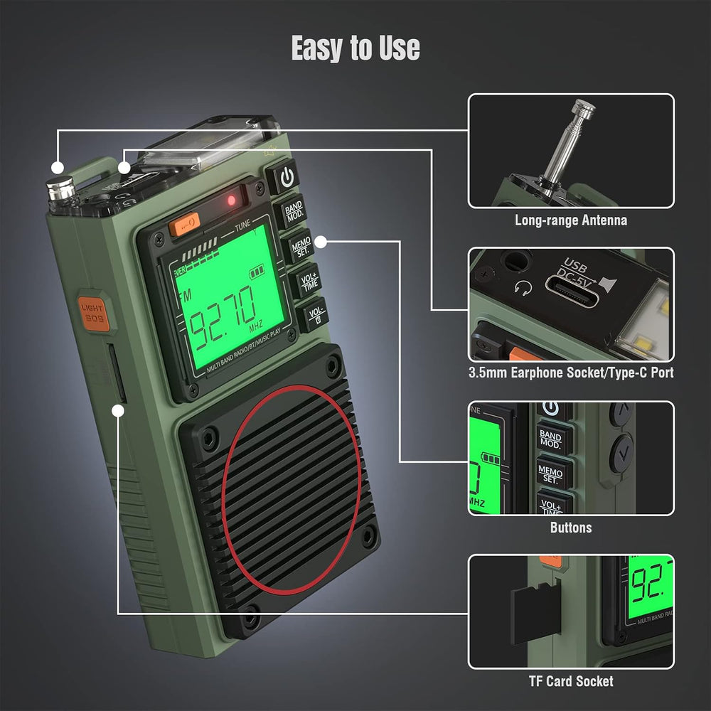 Raddy RF75A App Control Shortwave Weather Radio, Army Green