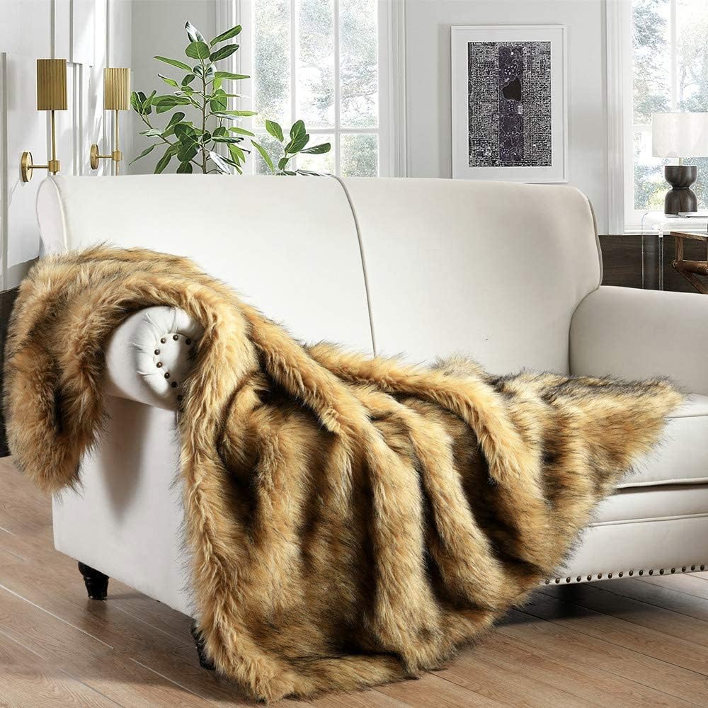 Luxury Plush Faux Fur Throw Blanket, Long Pile Golden Yellow with Black Tippe...