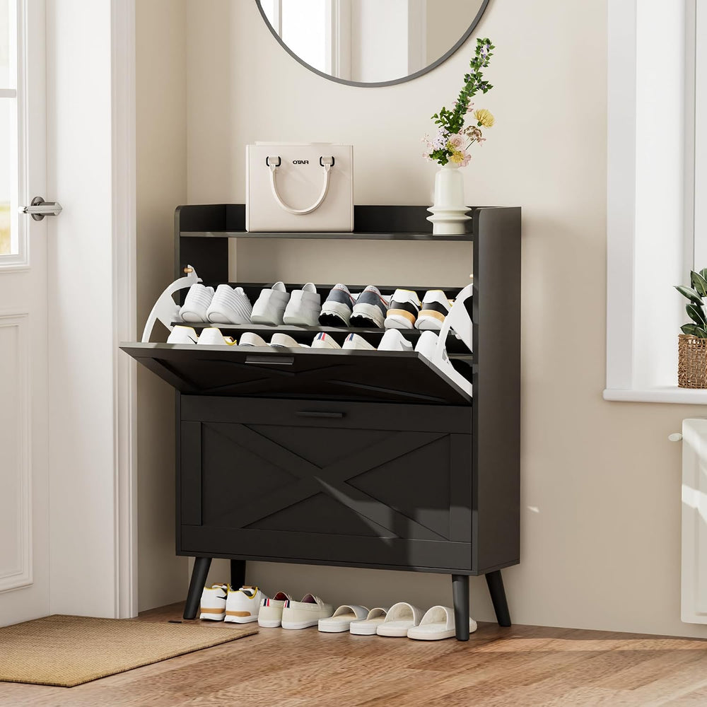 Homleke Farmhouse Shoe Storage Cabinet with Flip Drawers & Barn Door Desi...