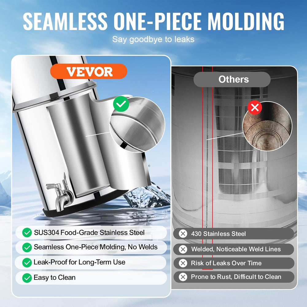 VEVOR Gravity-fed Water Filter System, 1.5G 304 Stainless-Steel Countertop Sy...